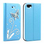 Wholesale Apple iPhone 5/5S Crystal Diamond Flip Wallet Case (Blue)